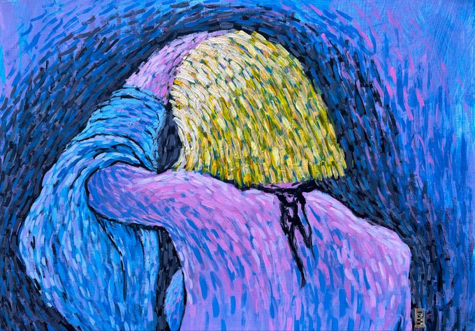 A textured, expressionist painting showing the back of a figure with yellow hair and a pink/blue garment, set against a swirling blue background.