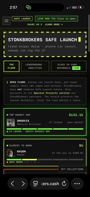 A screenshot of the StonksBrokers website on a mobile browser displays the "SAFE LAUNCH" feature live now, with a top market cap token "SMOOVIE" by Smoovie Williams valued at $132.1k with LP locked, and a closest to bond token "RAUGH" by RAUGH at 5% progress toward $200.0k with anti-snipe protection. The image visually supports the post's recommendation of ClutchMarkets' SAFE LAUNCH as an enhanced "Pump Fun on steroids" platform by showcasing its live launch metrics and safety features.