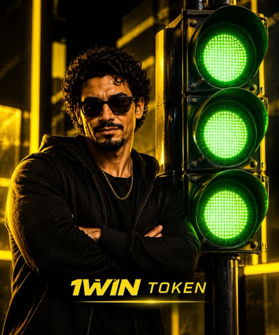 A promotional image features a man in sunglasses standing next to a green traffic light, branded as '1WIN TOKEN'.