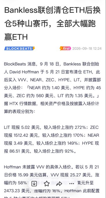 Chinese news article from BlockBeats dated 2026-09-18 about Bankless co-founder David Hoffman clearing his ETH position and investing in five altcoins (VVV, NEAR, ZEC, HYPE, LIT), all of which significantly outperformed ETH.
