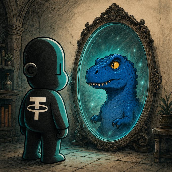 A black robotic figure with the white "₮" Tether logo on its chest gazes into an ornate mirror, where its reflection appears as a glowing blue T-Rex against a starry cosmic background—visually echoing the post's playful suggestion that the Tether mascot's reflection might share an unexpected dinosaur identity.