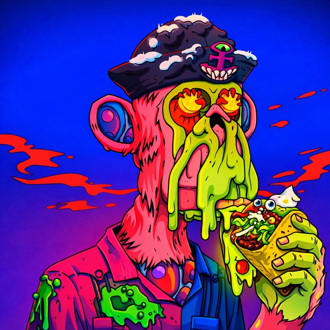 A vibrant, psychedelic cartoon illustration of a pink furry character with melting green slime face features, wearing a captain's hat and holding a bizarre taco-like food item.