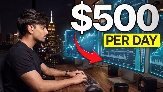 A young man sits at a desk with multiple monitors displaying stock charts against a nighttime city skyline, with bold "$500 PER DAY" text and a red arrow pointing to the charts, illustrating the trading journey described in the post about scaling from $50/day to $10k/day.