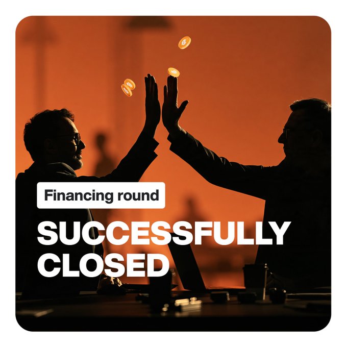 A graphic shows silhouettes of two people high-fiving against an orange background with floating Bitcoin icons, overlaid with text "Financing round SUCCESSFULLY CLOSED".