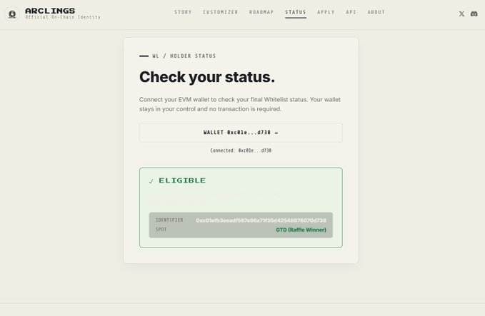 A screenshot of the ARCLINGS website showing a 'Check your status' page with an 'ELIGIBLE' result for wallet '0xC81e...d730'.
