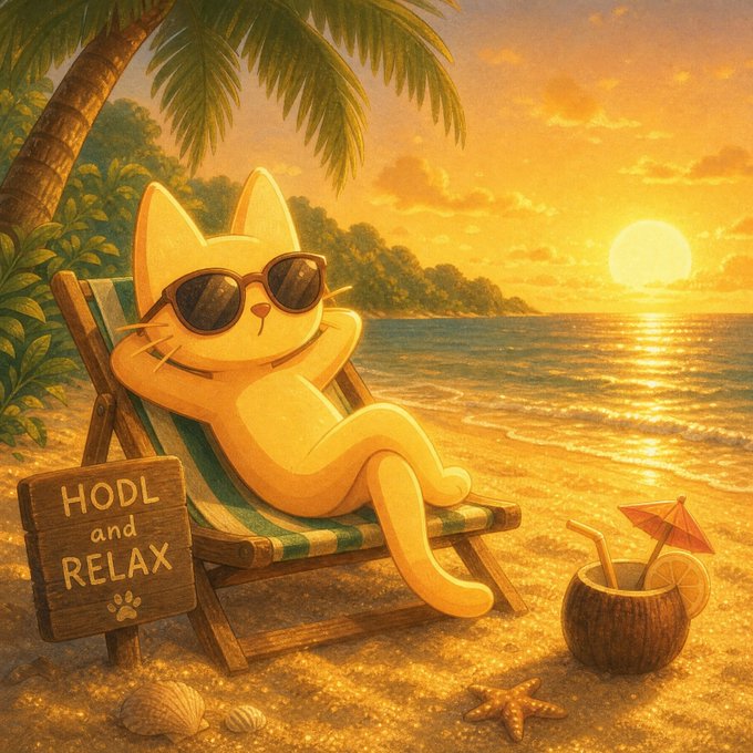 A cartoon cat lounges on a beach chair with sunglasses at sunset, next to a wooden sign reading "HODL and RELAX" and a coconut drink, perfectly capturing the relaxed "hold forever" sentiment of the $CETS post about accumulating $XAUt regardless of market action.