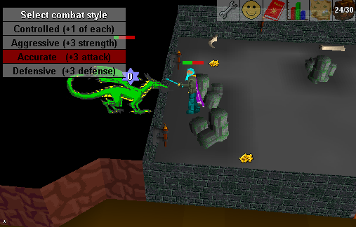 A screenshot from the game RuneScape shows a player character with a combat style menu open, fighting a green dragon with a cyan-colored dragon in a dungeon setting.