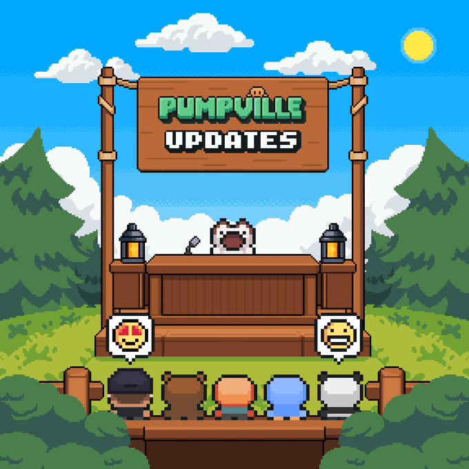 A pixel art graphic titled "PUMPVILLE UPDATES" showing a dog character at a wooden podium addressing an audience, with emoji speech bubbles overhead.