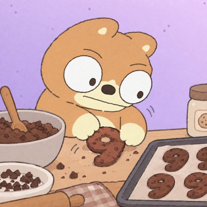 An illustration of a cute brown bear making chocolate chip cookies, with a bowl of batter and a baking sheet of number-shaped cookies.