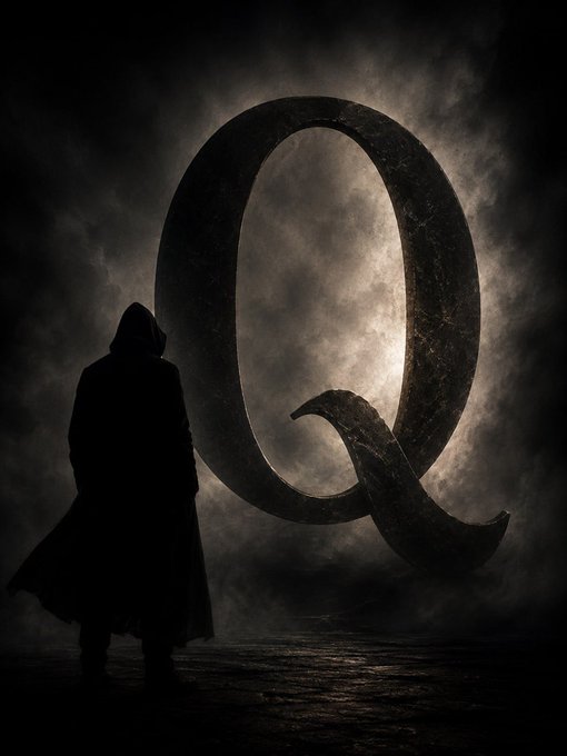 A hooded figure stands before a massive, weathered letter "Q" emerging from dark swirling clouds and mist. The cryptic atmosphere of the image mirrors the post's tone of anticipation and mystery, suggesting that "Q" may be a meaningful symbol tied to the "new chapter" and "countdown" being announced.