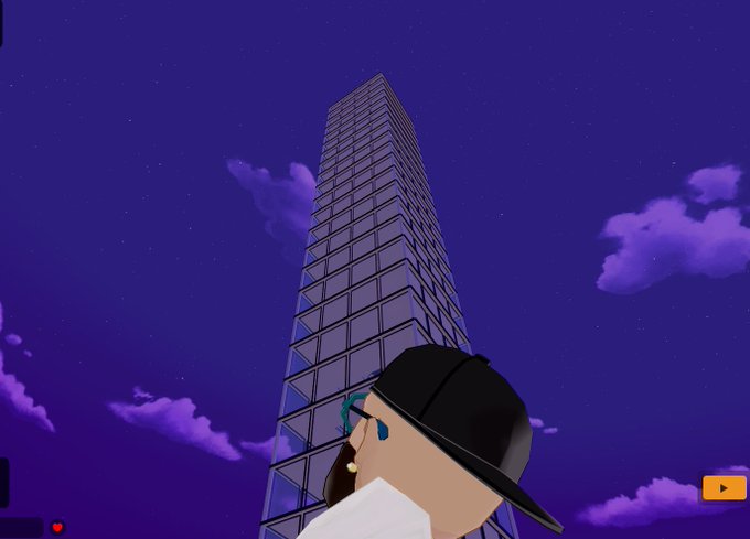 A 3D animated character wearing a black cap looks up at a tall glass skyscraper against a purple starry sky.