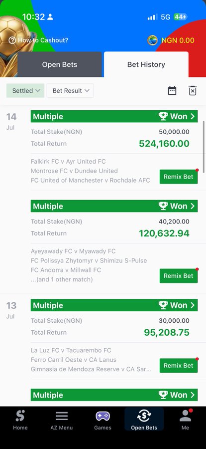 A bet history screen showing two won multiple bets, with stakes of NGN 50,000 returning 524,160.00 (Falkirk FC v Ayr United FC, Montrose FC v Dundee United, FC United of Manchester v Rochdale AFC) and NGN 40,200 returning 120,632.94 (Ayewawdy FC v Myawady FC, FC Polissya Zhytomyr v Shimizu S-Pulse, FC Andorra v Millwall FC, and 1 other match) — illustrating the kind of winning slips referenced in the "hope you won today" payout message.