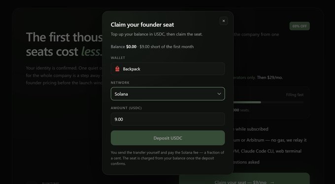 A dark-themed web interface showing a 'Claim your founder seat' modal with fields for Wallet (Backpack), Network (Solana), and an Amount (USDC) input of '9.00'.