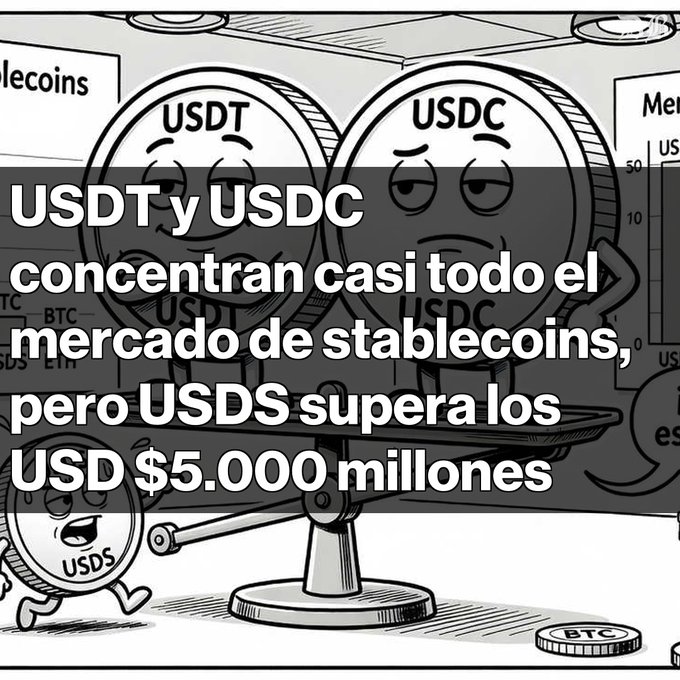A cartoon illustration of USDT and USDC on a scale above a smaller USDS coin, with Spanish text stating 'USDT y USDC concentran casi todo el mercado de stablecoins, pero USDS supera los USD $5.000 millones' (USDT and USDC concentrate almost the entire stablecoin market, but USDS exceeds USD $5 billion).
