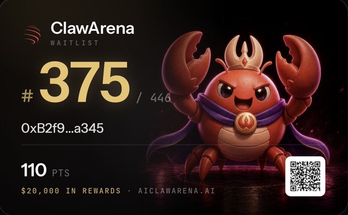 A ClawArena waitlist card showing position #375 out of 446, wallet address 0xB2f9...a345, 110 PTS, $20,000 in rewards, featuring a cartoon red crab wearing a gold crown and purple cape, with a QR code and the website AICLAWARENA.AI.