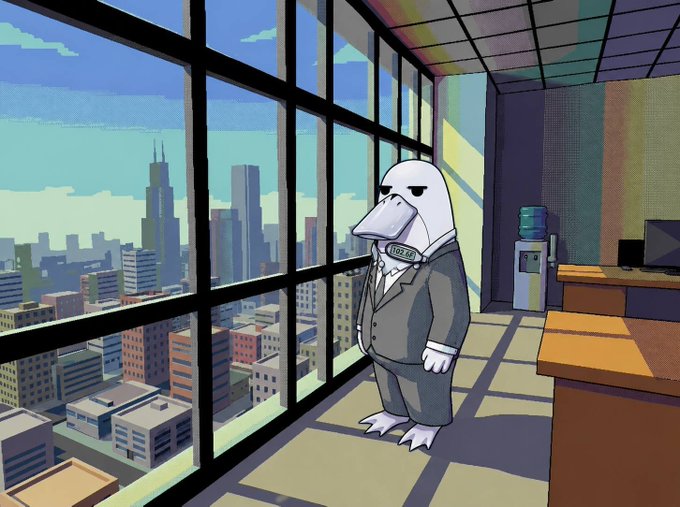 A cartoon platypus in a suit stands by an office window overlooking a city skyline, with a thermometer around its neck reading "102.6F". This relates to the post's question about who is still working on a Sunday, implying the platypus might be feeling unwell but is still on the job.