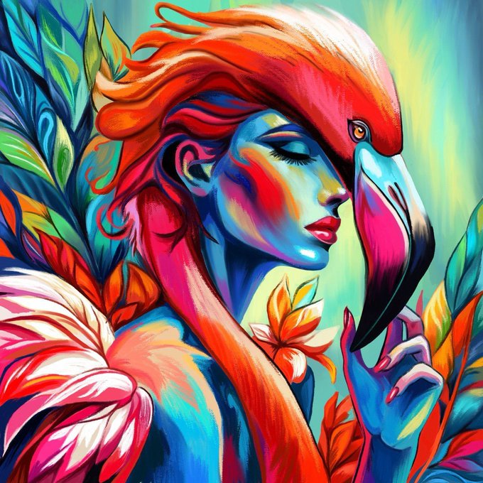 A vibrant, colorful digital painting blending the profile of a woman with closed eyes and a flamingo, surrounded by lush tropical leaves and flowers.