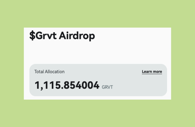 The image shows a screenshot of the "$Grvt Airdrop" page displaying a "Total Allocation" of **1,115.854004 GRVT**, with a "Learn more" link in the corner. It illustrates the user's reward amount from the GRVT airdrop mentioned in the post, which notes they received 1,115 $GRVT tokens.