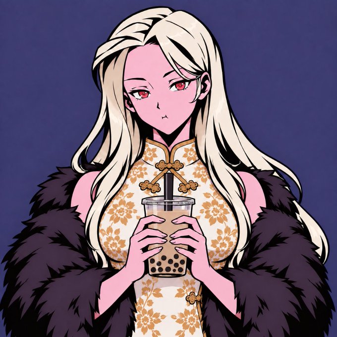 An anime-style illustration of a pink-skinned woman with long blonde hair, red eyes, and a fur stole, holding a cup of bubble tea while wearing a floral cheongsam-inspired dress.