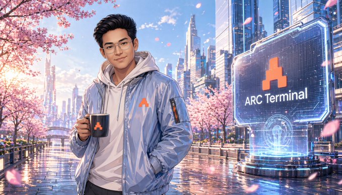 The image features a man standing next to an ARC Terminal sign, holding a coffee cup. The scene takes place near a city street with trees lining the sidewalk. The caption above the image reads "focus on what is in the image and how it relates to the post." This suggests that the image might be related to the ARC Terminal or some other topic connected to the man's presence, his coffee, and the city environment.