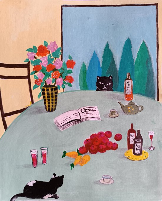 A painting depicting a still life with flowers, fruit, wine bottles, and cats on a table, with a black cat visible through a window in the background.