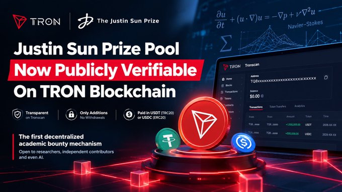 A promotional graphic for the 'TRON | The Justin Sun Prize' advertising the 'Justin Sun Prize Pool Now Publicly Verifiable On TRON Blockchain,' described as 'The first decentralized academic bounty mechanism' for researchers and contributors.