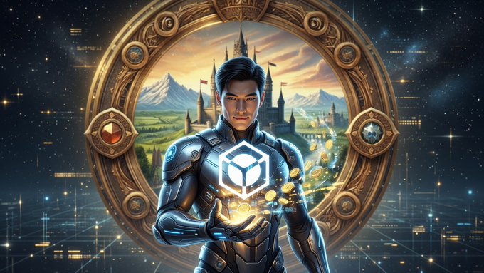 A digital artwork of an armored man holding a glowing cube, framed within a golden circular portal showing a fantasy landscape with a castle.