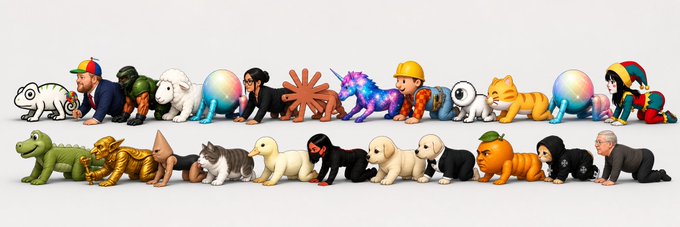 A collection of small figurines, plush toys, and toys arranged in rows, including animals, characters, and dolls lined up against a light gray background.
