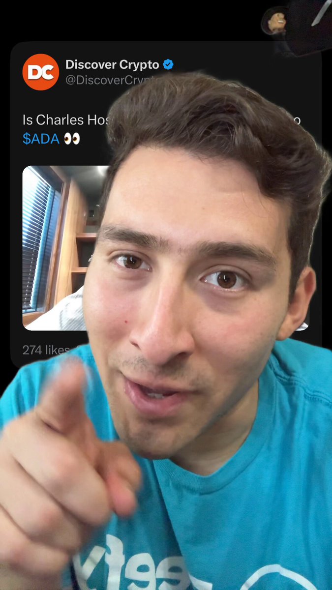 The image features a man wearing a blue shirt, pointing at his phone screen as if he's about to share something interesting or important. The caption of the image reads "BIG NEWS for CARDANO $ADA !!!! 4. I’m with you @IOHK_Charles". This suggests that there is some news related to cardano that the man wants to share, possibly a recent development in the cryptocurrency market or an exciting story about the company's activities. The image also includes a Twitter bio and a link to a post on twitter, which further supports the idea of sharing information through social media platforms.
