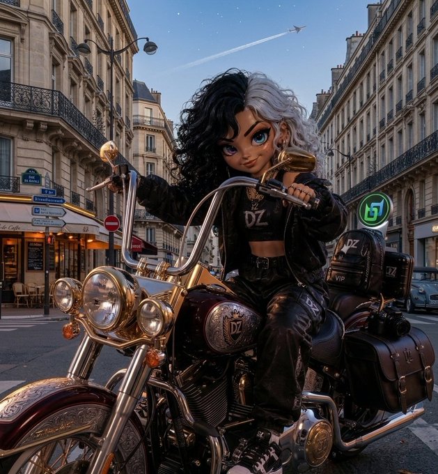 A stylized digital artwork of a character with half-black, half-white curly hair riding a gold-detailed motorcycle down a Paris street, wearing a leather jacket with "DZ" branding.