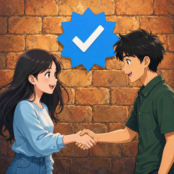 An anime-style illustration of a young woman with long brown hair and a young man with black hair smiling and shaking hands, with a large blue checkmark badge above them.