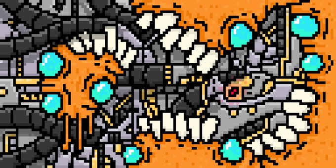 A pixel art illustration depicting a chaotic scene with a robotic creature, an explosion, and various mechanical parts against an orange background.