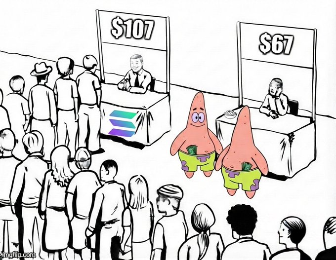 A satirical illustration showing two Patrick Star characters with money bypassing a crowd waiting in line at a Solana booth selling tokens for $107, heading instead to a counter offering $67.