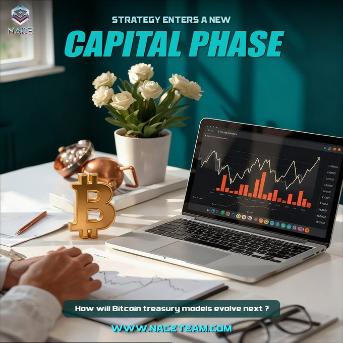 A professional workspace features a gold Bitcoin figurine, white roses, and a laptop displaying a trading chart, with hands analyzing data on paper. Bold text reads "STRATEGY ENTERS A NEW CAPITAL PHASE" and "How will Bitcoin treasury models evolve next?" alongside naceteam.com, visually reinforcing the post's theme of evolving corporate Bitcoin treasury strategies and capital flow.