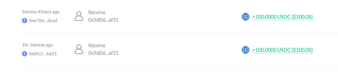 The image shows a transaction history displaying two "Receive" entries from the same sender address (0x9b0d...af91), each for +100.0000 USDC ($100.08), occurring 1hr 36mins ago and 56mins 45secs ago. This illustrates modest earnings from Web3 gaming, supporting the post's boast of "honest work" with a pair of $100 USDC payouts.