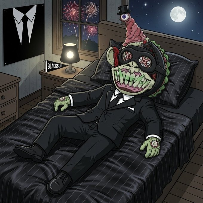 A cartoonish illustration of a green, monstrous figure in a black suit lying on a bed in a room with a 'BLACKSUIT' flag, a window showing fireworks, and a tiny top-hat-wearing brain creature on its head.