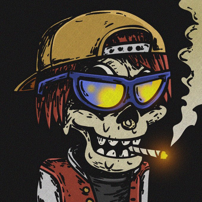 A stylized comic-style illustration of a skeletal figure with green skin, a backward tan cap, blue and yellow sunglasses, a red jacket, and a glowing cigarette in its mouth, with smoke trailing off.