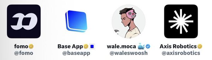 Four social media profile icons displayed: @fomo (fomo), @baseapp (Base App), @waleswoosh (wale.moca), and @axisrobotics (Axis Robotics).