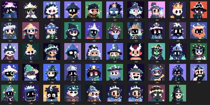A grid of 40 pixel-art NFT character portraits arranged in rows, each labeled with a four-digit number from 1032 to 1111.