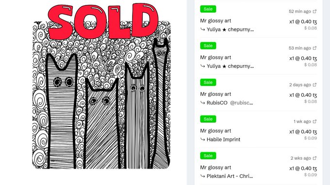 A digital artwork of three cats styled as a pen with the word 'SOLD' in large red letters, alongside a sales history showing multiple recent transactions of 'Mr glossy art' NFTs.