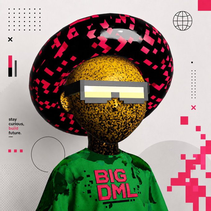 A vibrant, modern graphic design featuring a golden textured bust wearing pixelated sunglasses and a green shirt with 'BIG DML' text, set against a background of black and pink pixel art and the phrase 'stay curious, build future.'