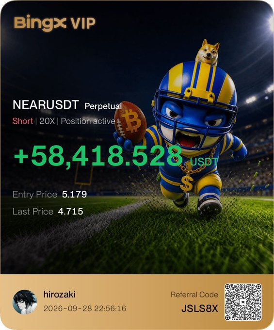 The image is a BingX VIP trading card showing a $58,418.528 USDT loss on a 20X short position for NEARUSDT Perpetual, entered at 5.179 with a last price of 4.715, posted by user "hirozaki" on 2026-09-28. It visually represents the user's significant unrealized loss on their leveraged NEAR short position, which aligns with their post lamenting a 60k$ loss that remains open.