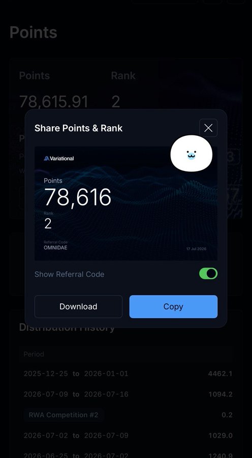 A screenshot shows a Variational platform "Share Points & Rank" modal displaying 78,616 points, Rank 2, referral code "OMNIDAE", and a Distribution History list, with a cute round smiley avatar in the top-right corner. This visualizes the Turkish post's claim that a user holds 78,616 Variational points (~$1.729M at OTC price) and is ranked #2 on the platform.