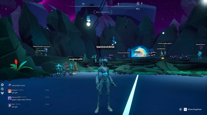 A screenshot from a virtual world called 'Swissverse' showing a user named 'pugme.eth' in an avatar standing in a purple-hued crystalline landscape with other users visible in the distance.
