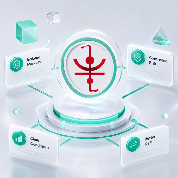 A futuristic 3D render displays a central red and white JustLend logo surrounded by four labeled panels highlighting key features: "Isolated Markets," "Controlled Risk," "Clear Conditions," and "Better DeFi," with teal geometric shapes floating in the background. The visual reinforces the post's message by illustrating how JustLend V2's segmented market structure simplifies DeFi lending for users exploring TRON ecosystem assets.
