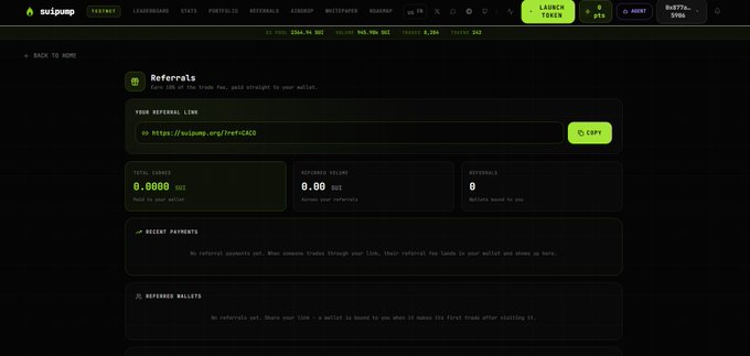 Screenshot of the Suipump cryptocurrency trading platform's Referrals page, showing zero claims, referred volume of 0.00 SUI, and a referral link beginning with https://suipump.org/?ref=