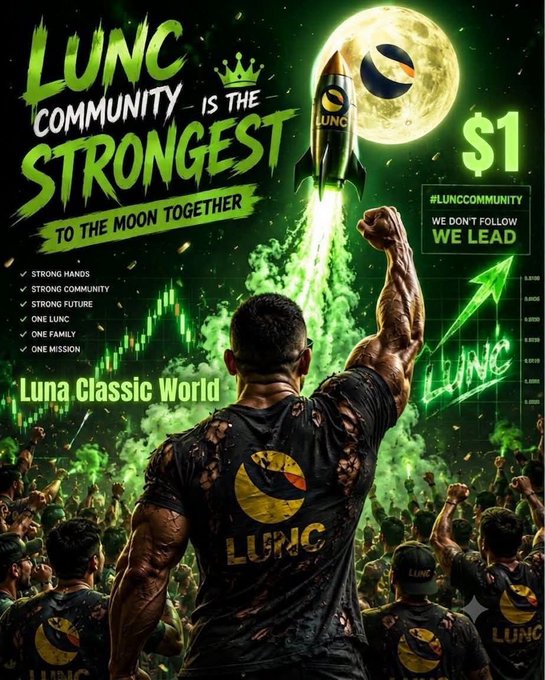 A promotional crypto graphic featuring a muscular figure in a LUNC shirt raising a fist toward a rocket heading to the moon, with text reading 'LUNC COMMUNITY IS THE STRONGEST', 'TO THE MOON TOGETHER', '$1', and a 'Luna Classic World' checklist emphasizing unity and 'WE DON'T FOLLOW WE LEAD'.