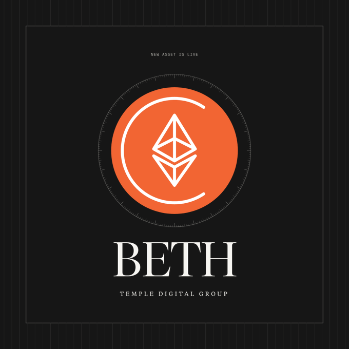 A minimalist logo graphic on a black background displaying a coral-orange circle with a white Ethereum diamond symbol, labeled 'BETH - TEMPLE DIGITAL GROUP - NEW ASSET IS LIVE'.