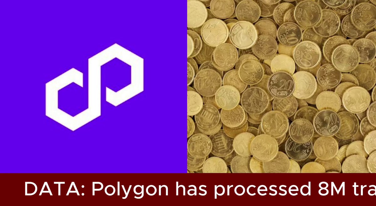 The image shows a close-up of a large pile of gold coins against a purple background with the word "Data" written above them. Below this, there's an explanation about Polygon processing transactions, stating that Polygon processed nearly 8 million transactions in the space of one day and that @0xPolygon network just saw its highest daily transaction count this month at over 7.54B.