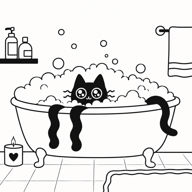 A black and white line drawing of a cartoon black cat taking a bubble bath in a clawfoot tub, surrounded by bubbles, a candle, and bathroom items.